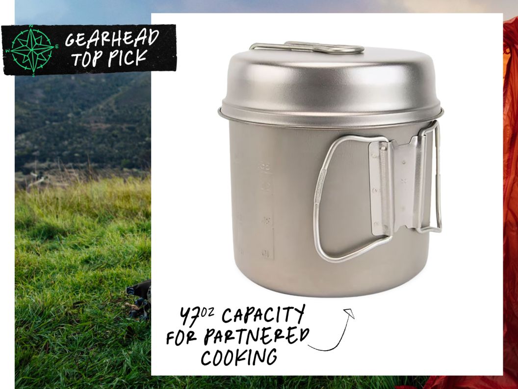 A shiny metal pot. Text overlay reads: Gearhead top pick, 47oz capacity for partnered cooking.